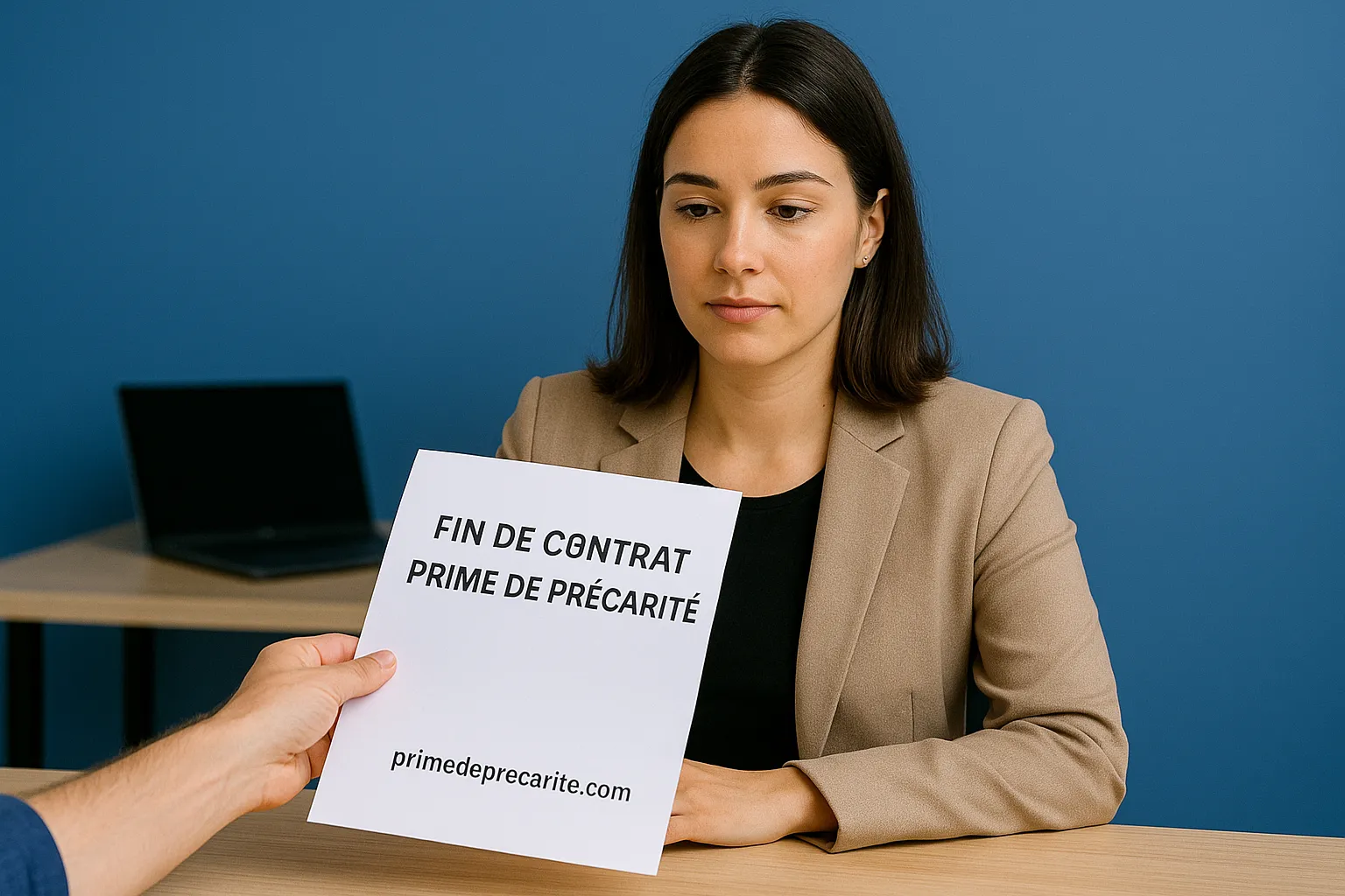 Aangeleverde illustratie van een werknemer met een document over het einde van een arbeidsovereenkomst