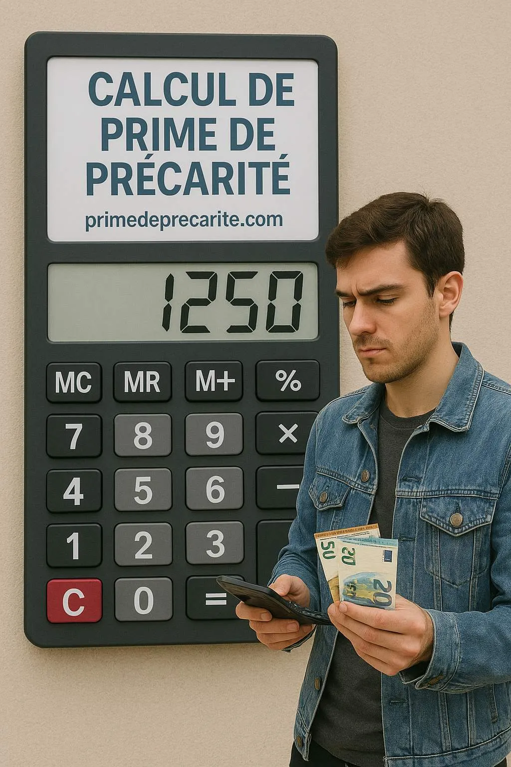 Calculatrice et salarié dans une illustration du calcul de la prime